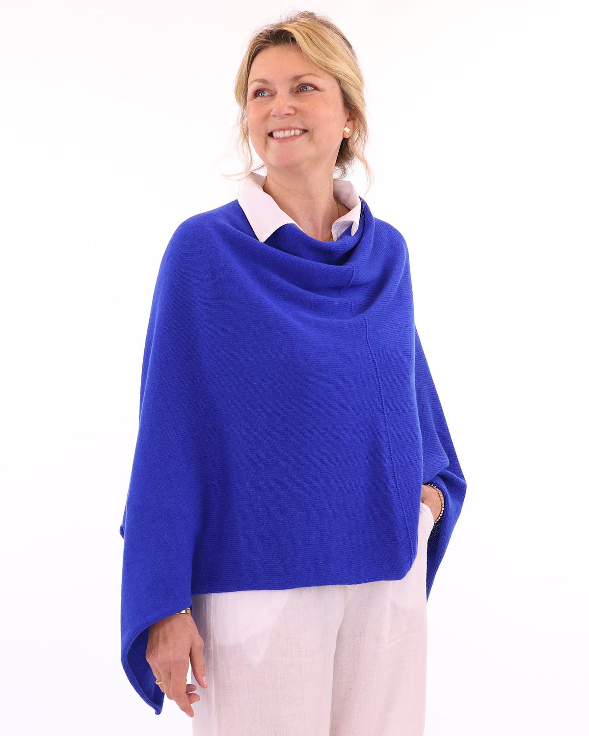 Women's cashmere blend poncho in royal blue, made in Italy