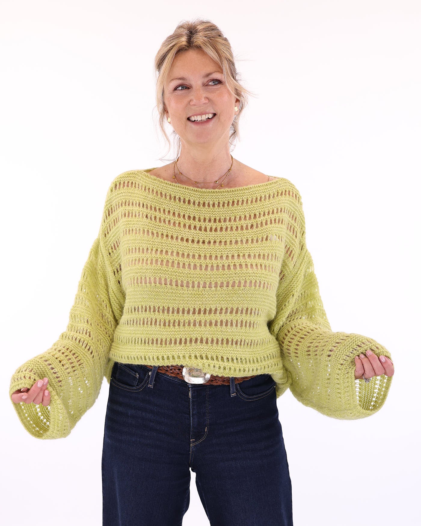 Women's alpaca blend bright green crochet style long sleeve jumper on a white background, made in Italy