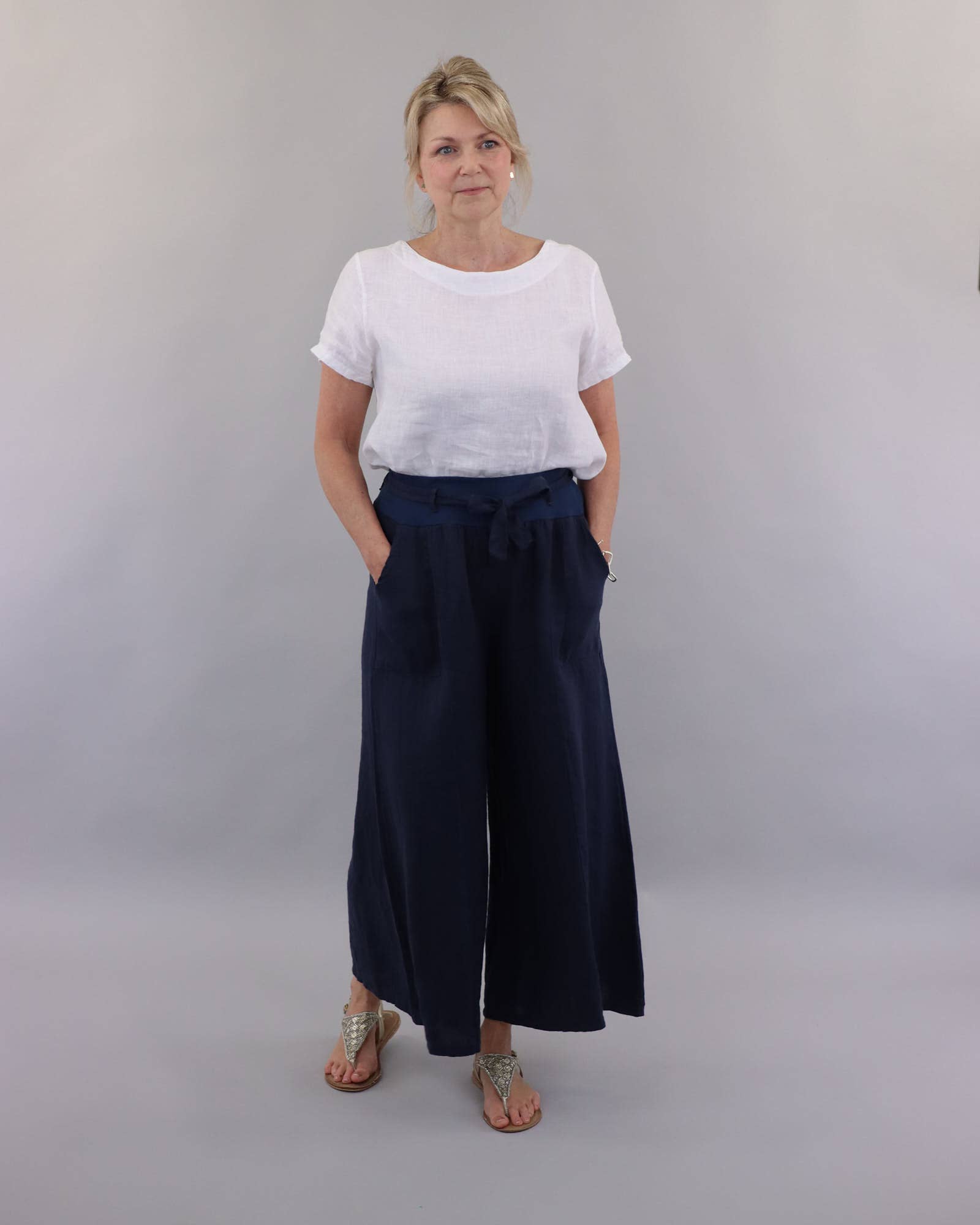 Linen Flared Trousers with Tie Belt