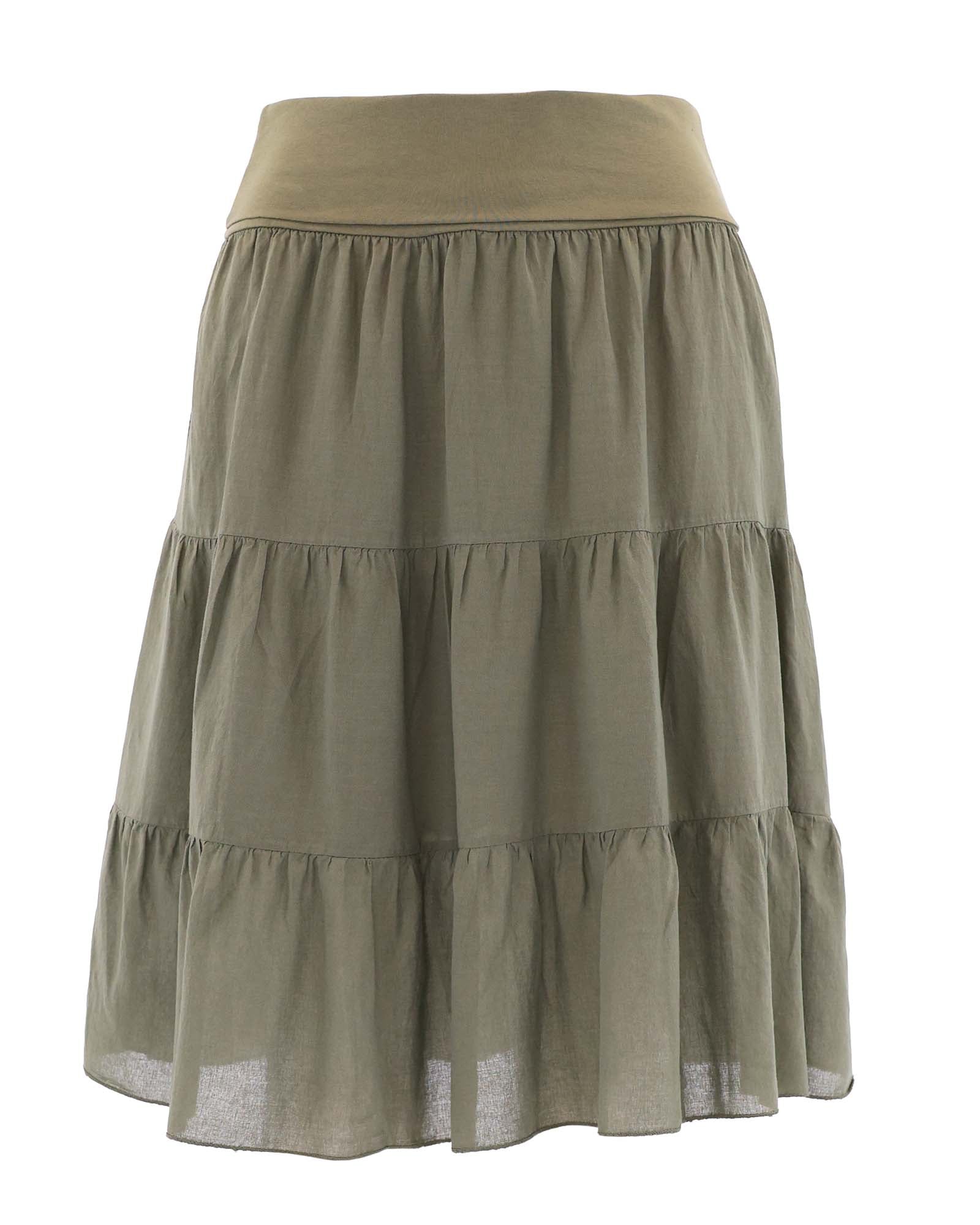 Women's tiered Cotton gathered skirt with elastic stretchy waistband, in olive, made in Italy