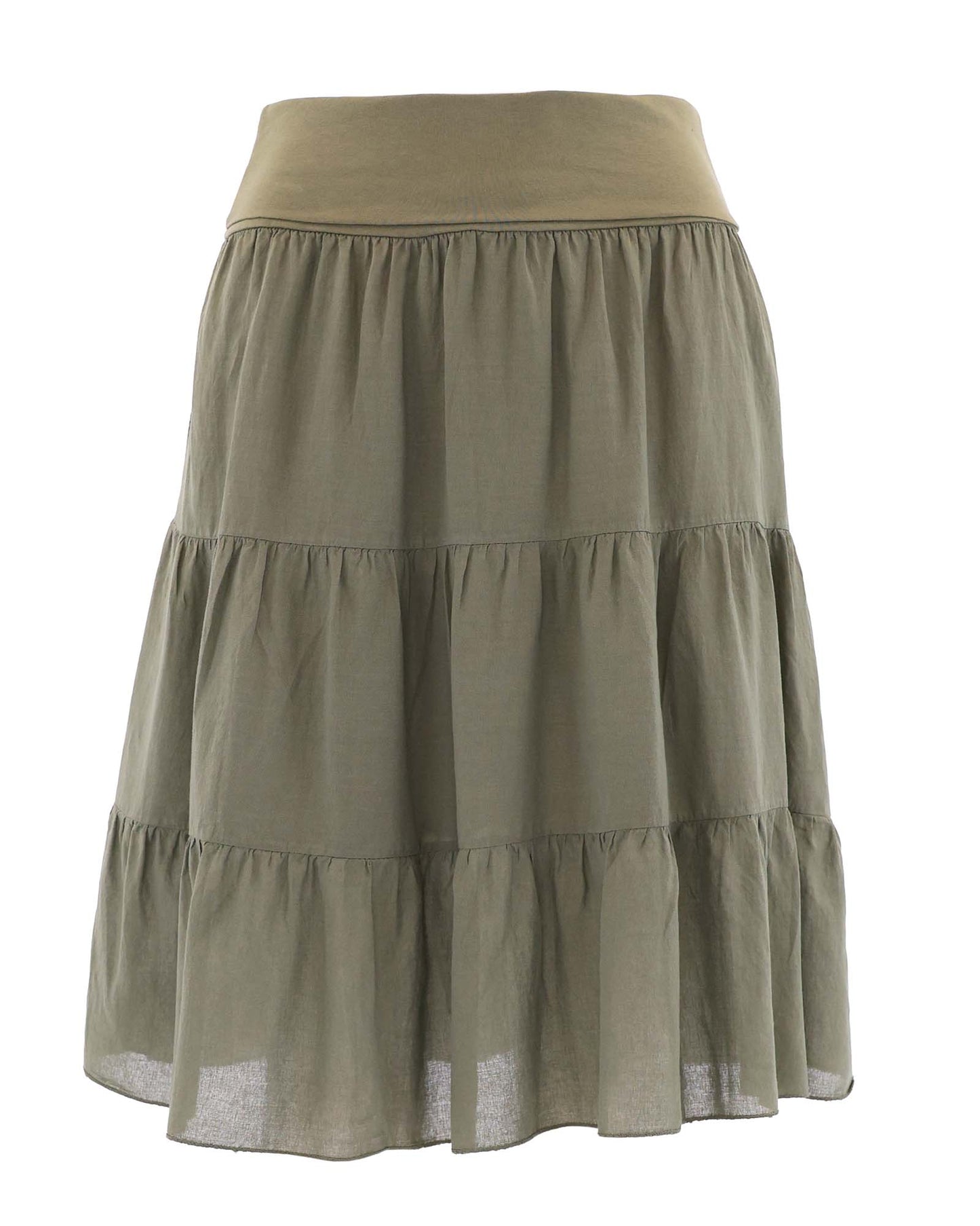 Women's tiered Cotton gathered skirt with elastic stretchy waistband, in olive, made in Italy