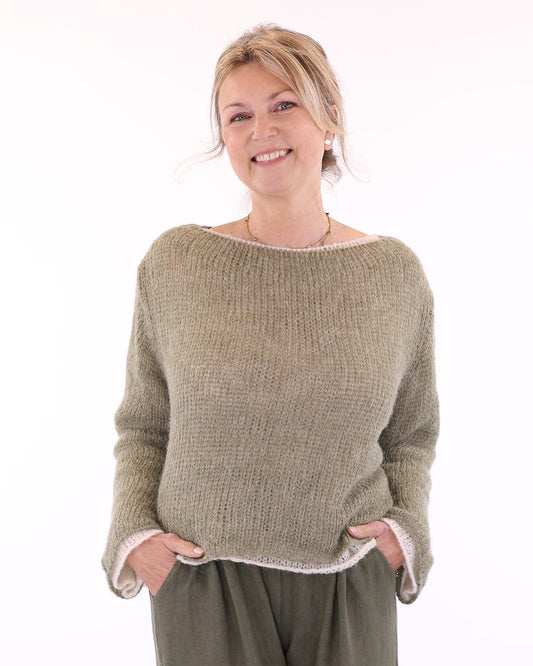 Women's long sleeve cobweb alpaca blend knitted sweater in moss green, made in Italy