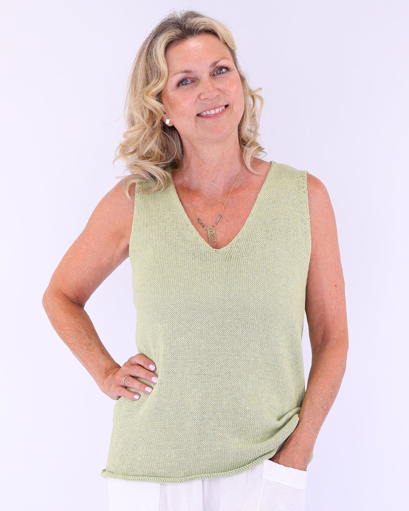 Cotton Blend V Neck Sleeveless T