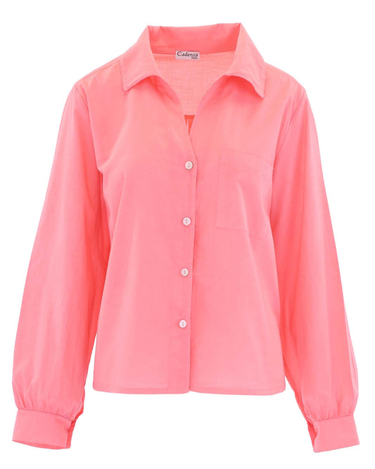 Women's Italian cotton shirt in pink with long sleeves and button cuff, open collar and mother of pearl buttons down the front, made in Italy