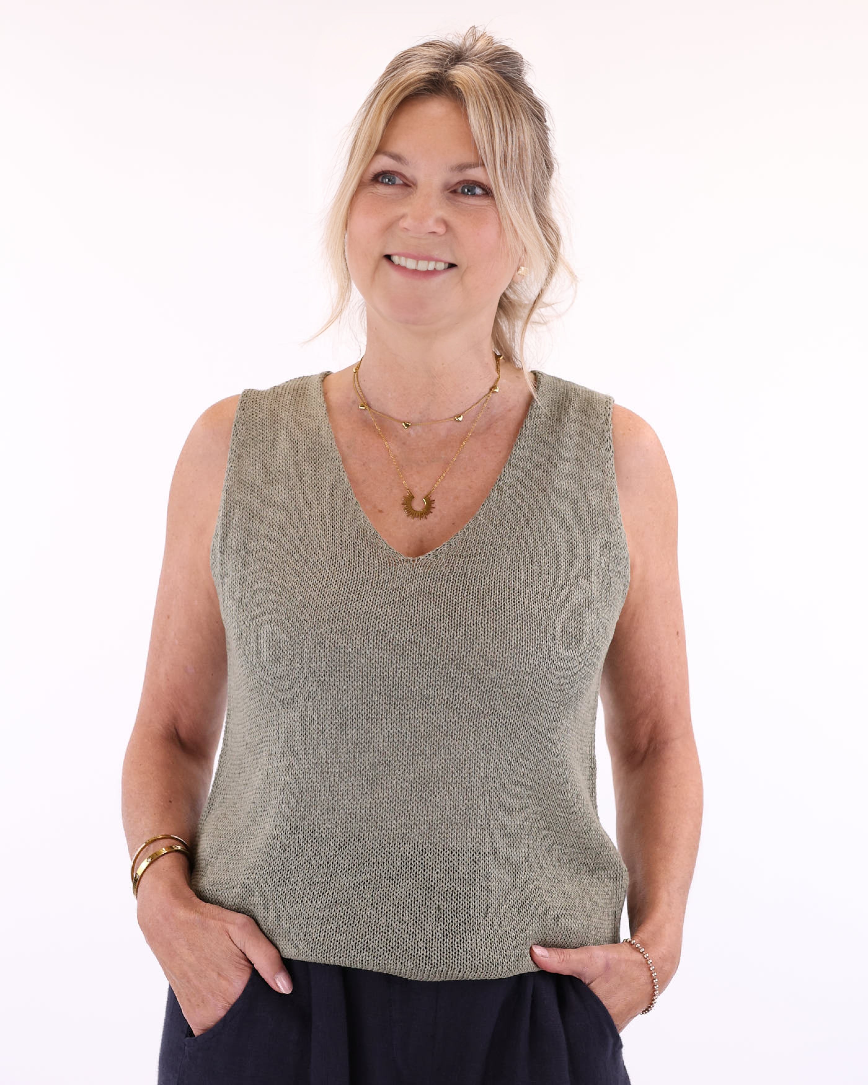 Cotton Blend V Neck Sleeveless T