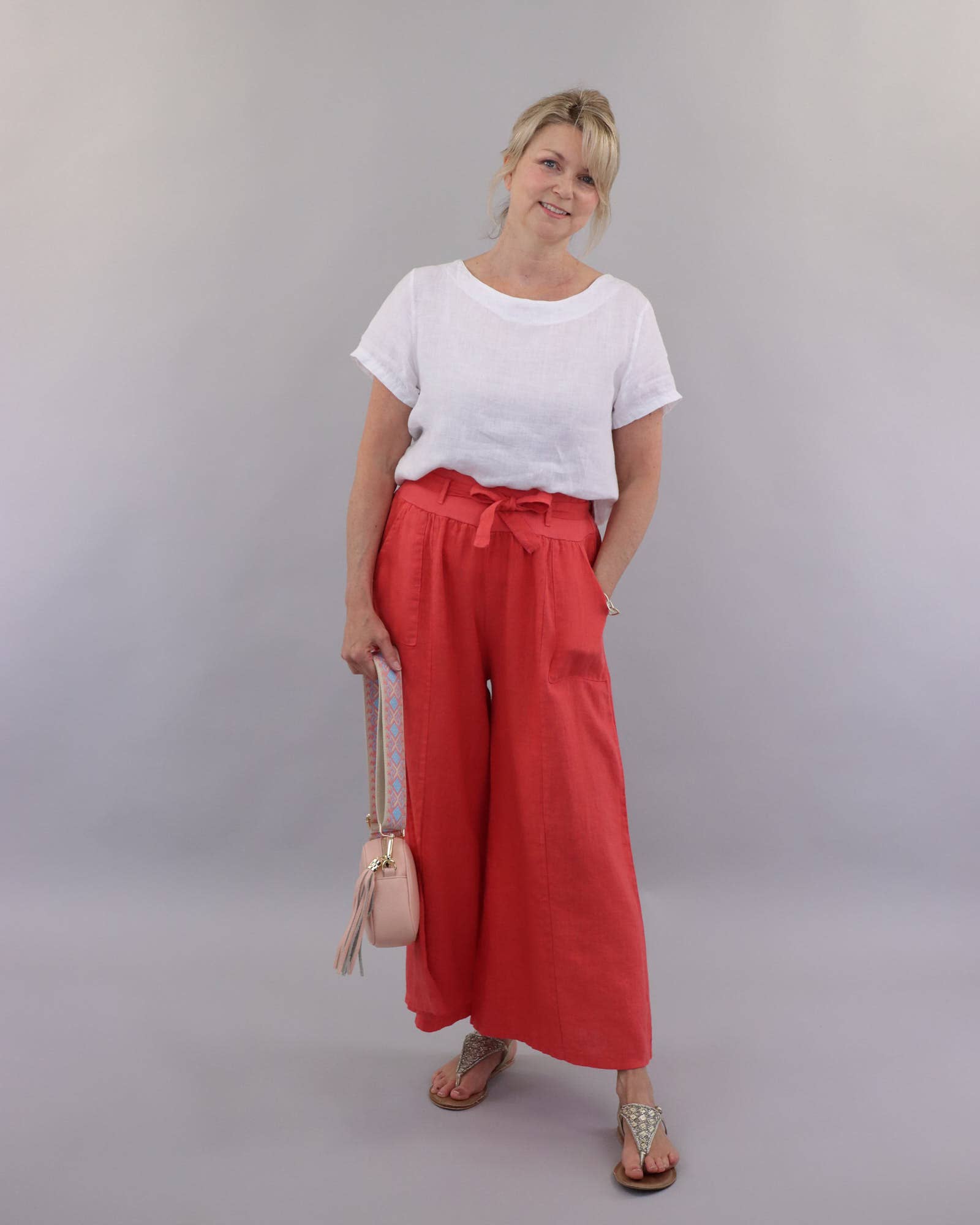 Linen Flared Trousers with Tie Belt