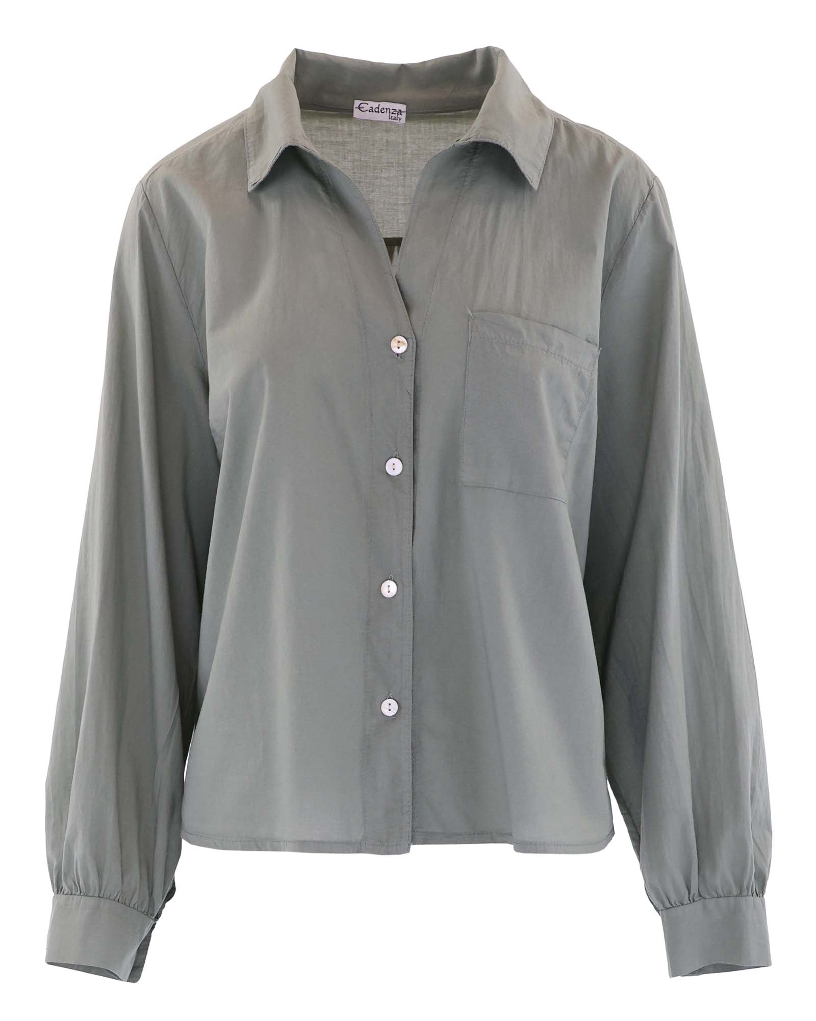 Women's Italian cotton shirt in green with long sleeves and button cuff, open collar and mother of pearl buttons down the front, made in Italy