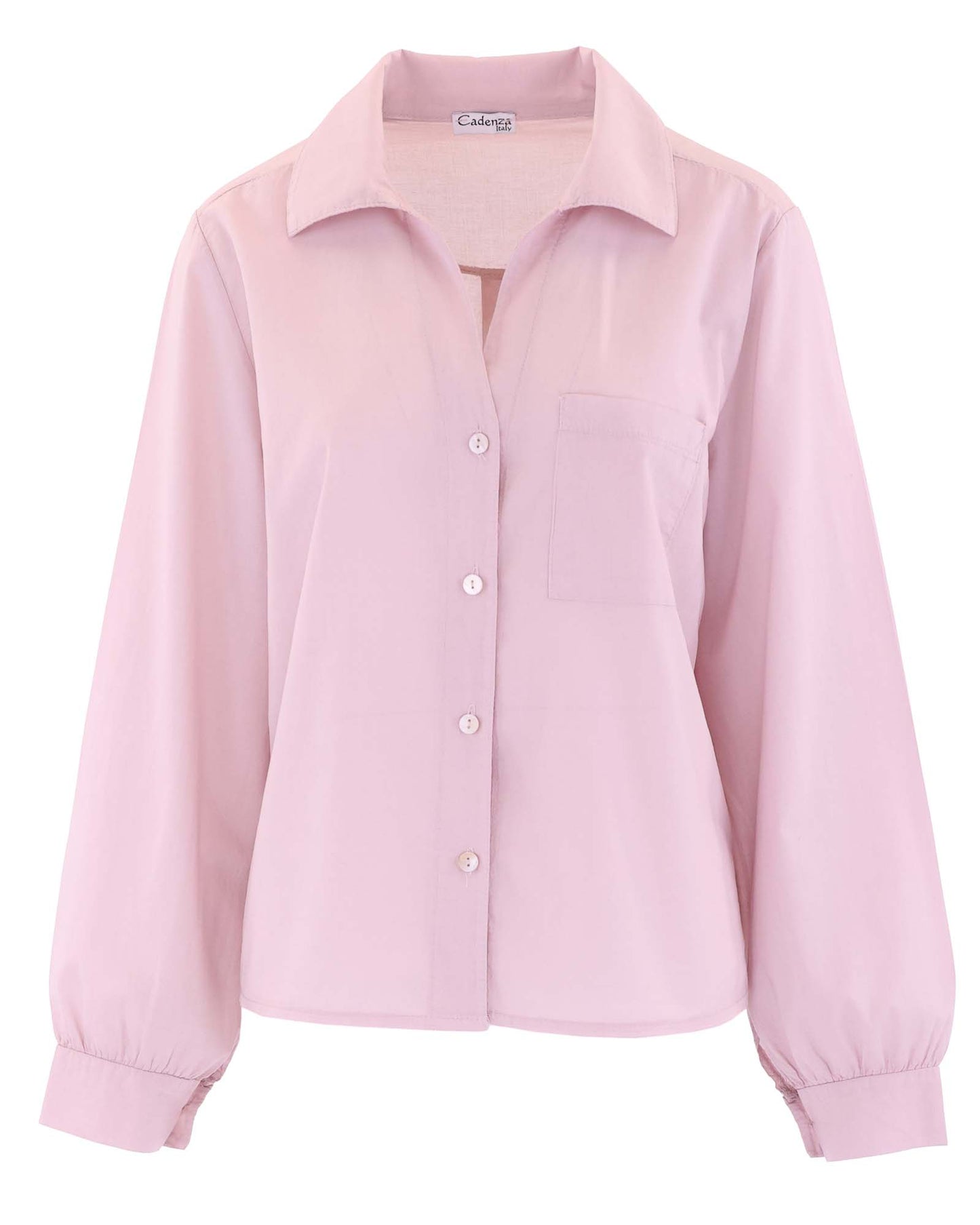 Women's Italian cotton shirt in pink with long sleeves and button cuff, open collar and mother of pearl buttons down the front, made in Italy