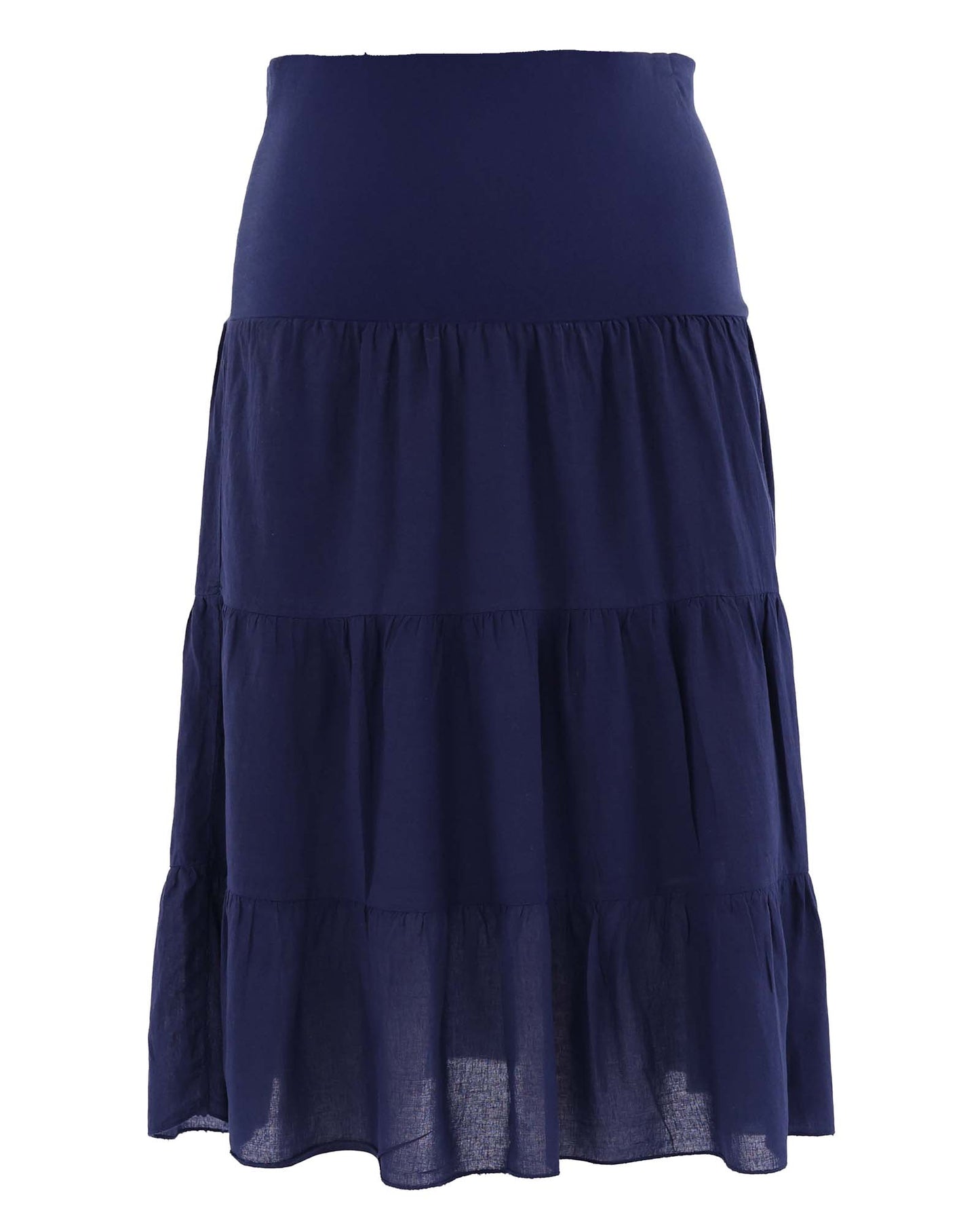 Women's tiered Cotton gathered skirt with elastic stretchy waistband, in navy blue, made in Italy