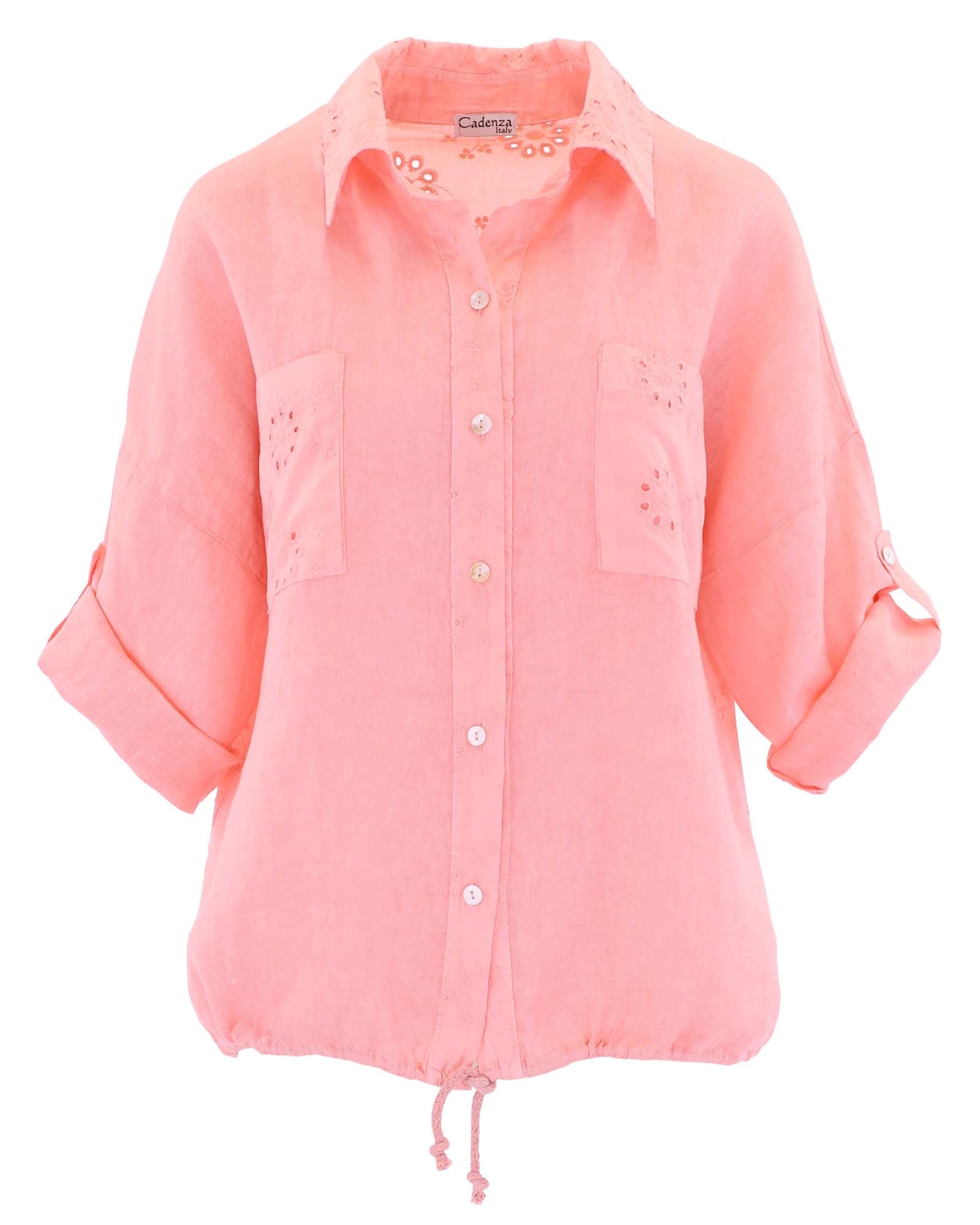 Women's button up shirt with classic collar, drawstring hem, front chest pockets, made in a combination of pure linen and broderie anglais cotton, in pink, made in Italy
