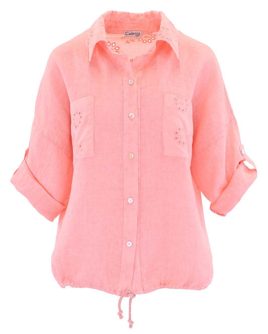 Women's button up shirt with classic collar, drawstring hem, front chest pockets, made in a combination of pure linen and broderie anglais cotton, in pink, made in Italy