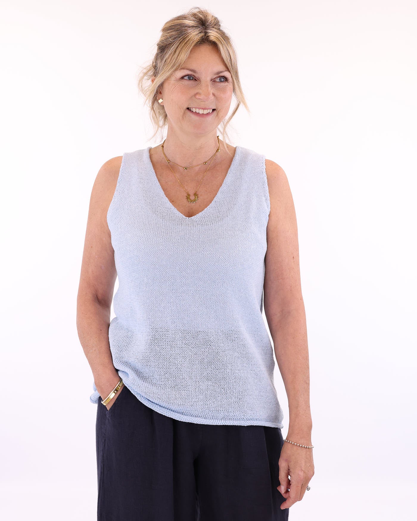 Cotton Blend V Neck Sleeveless T