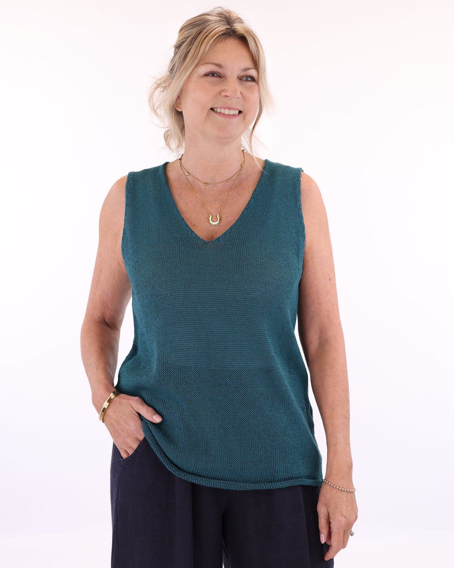Cotton Blend V Neck Sleeveless T