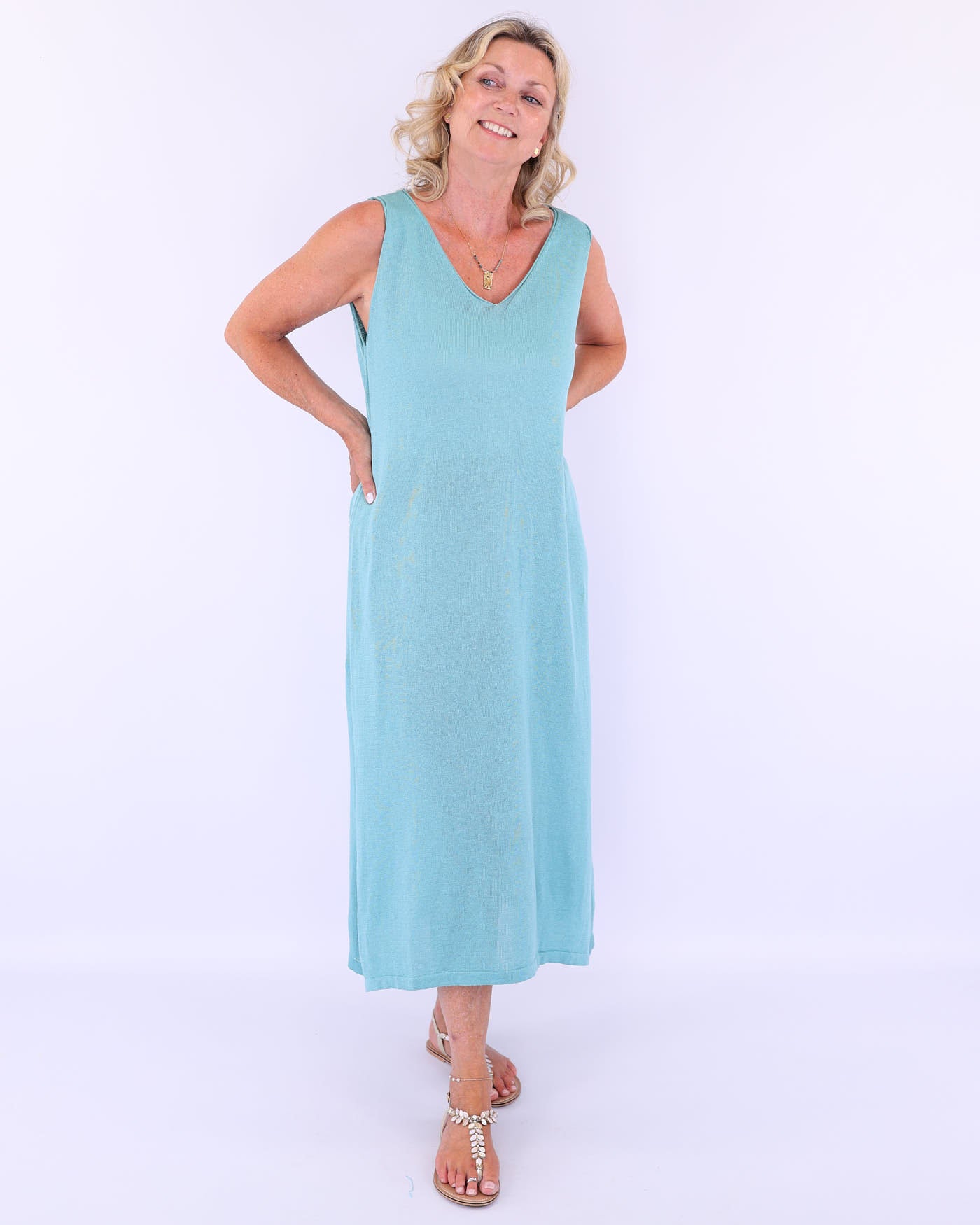 Cotton Blend Column Dress with Splits