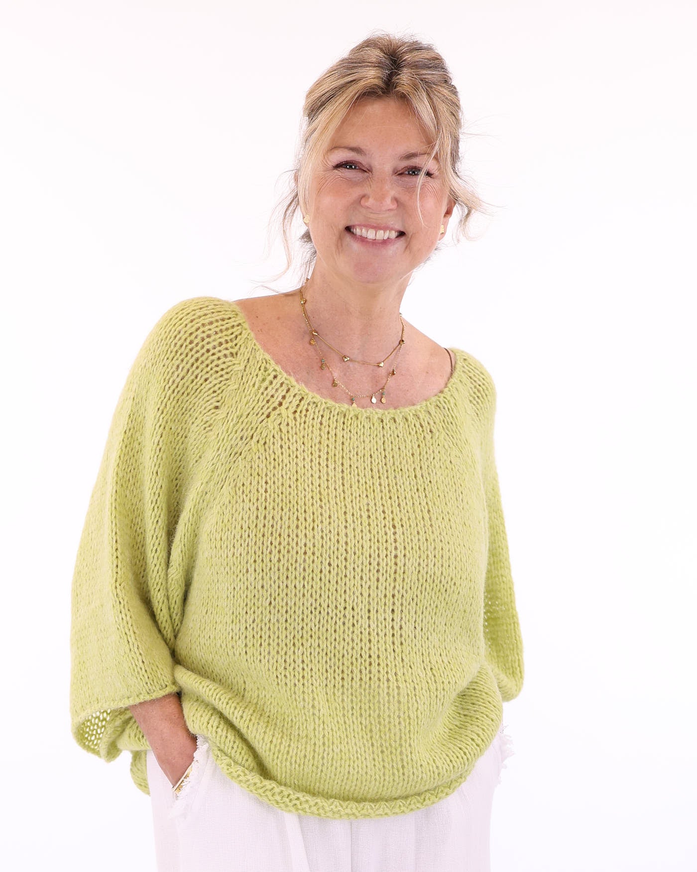 Women's Italian Alpaca blend jumper in lime green, with a boat neck and raglan three quarter length sleeve in a loose knit, soft and breathable, made in Italy