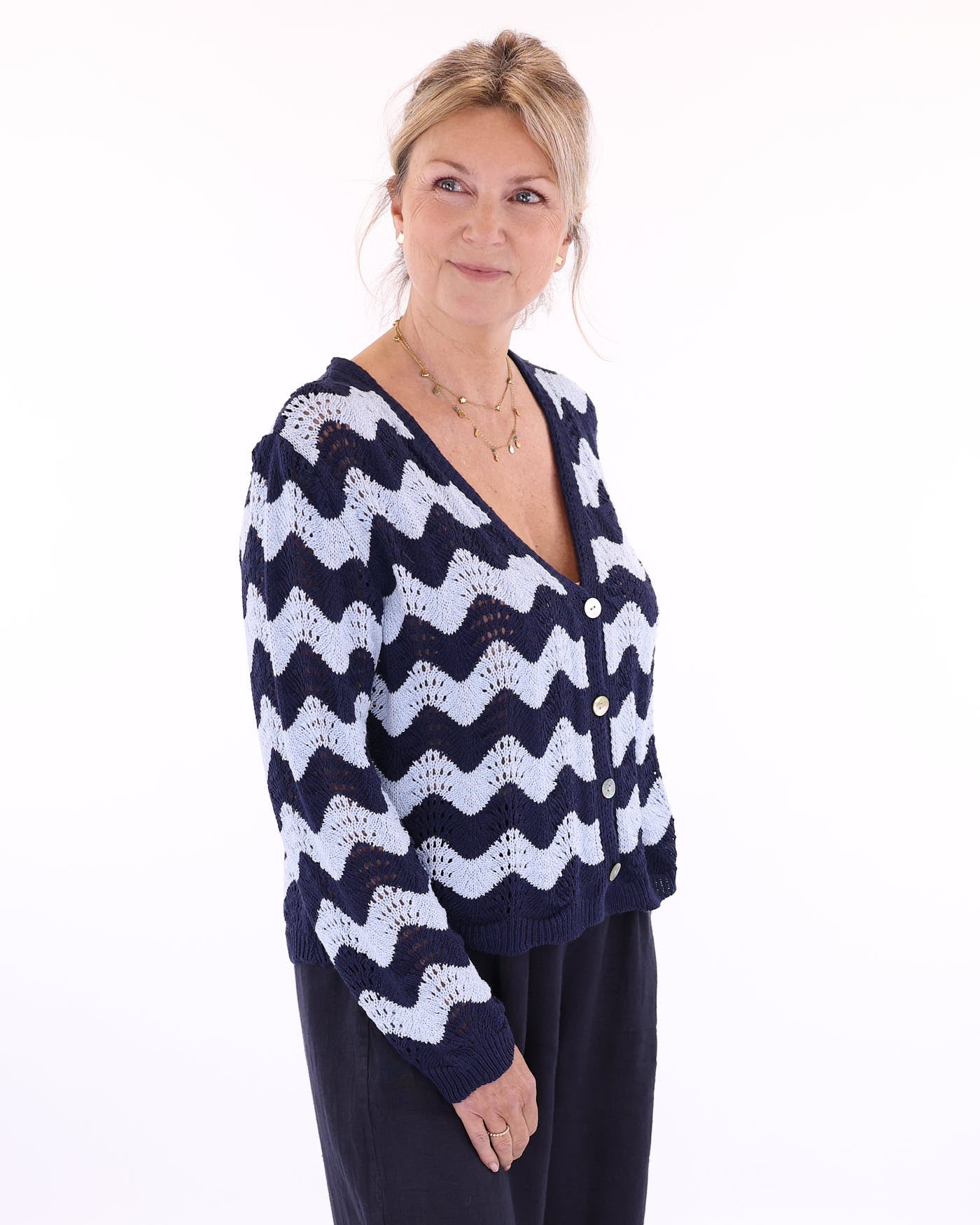 Women's Pointelle knitted Italian cardigan in navy and blue with long sleeves, V neck and mother of pearl buttons, made in Italy
