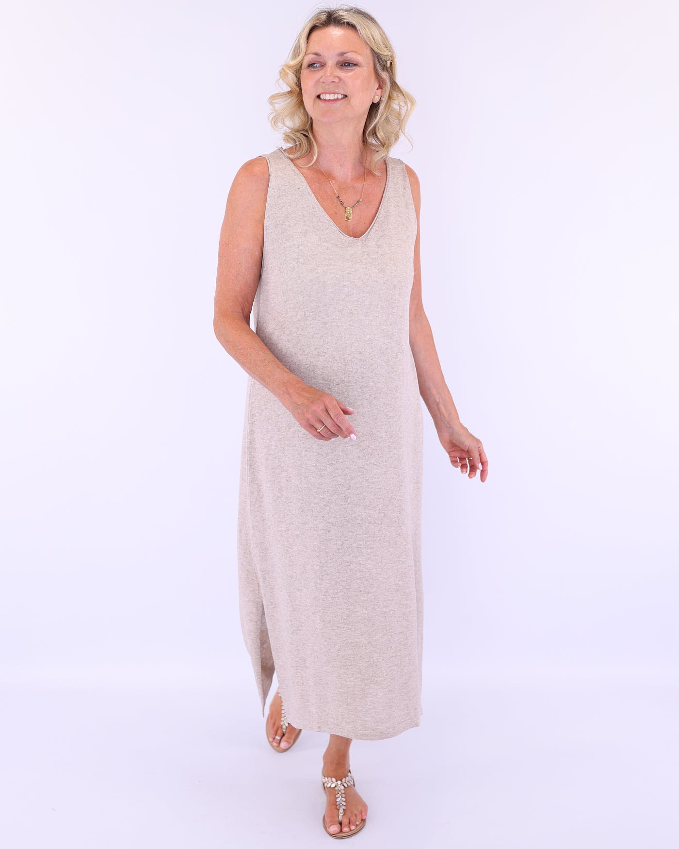 Cotton Blend Column Dress with Splits