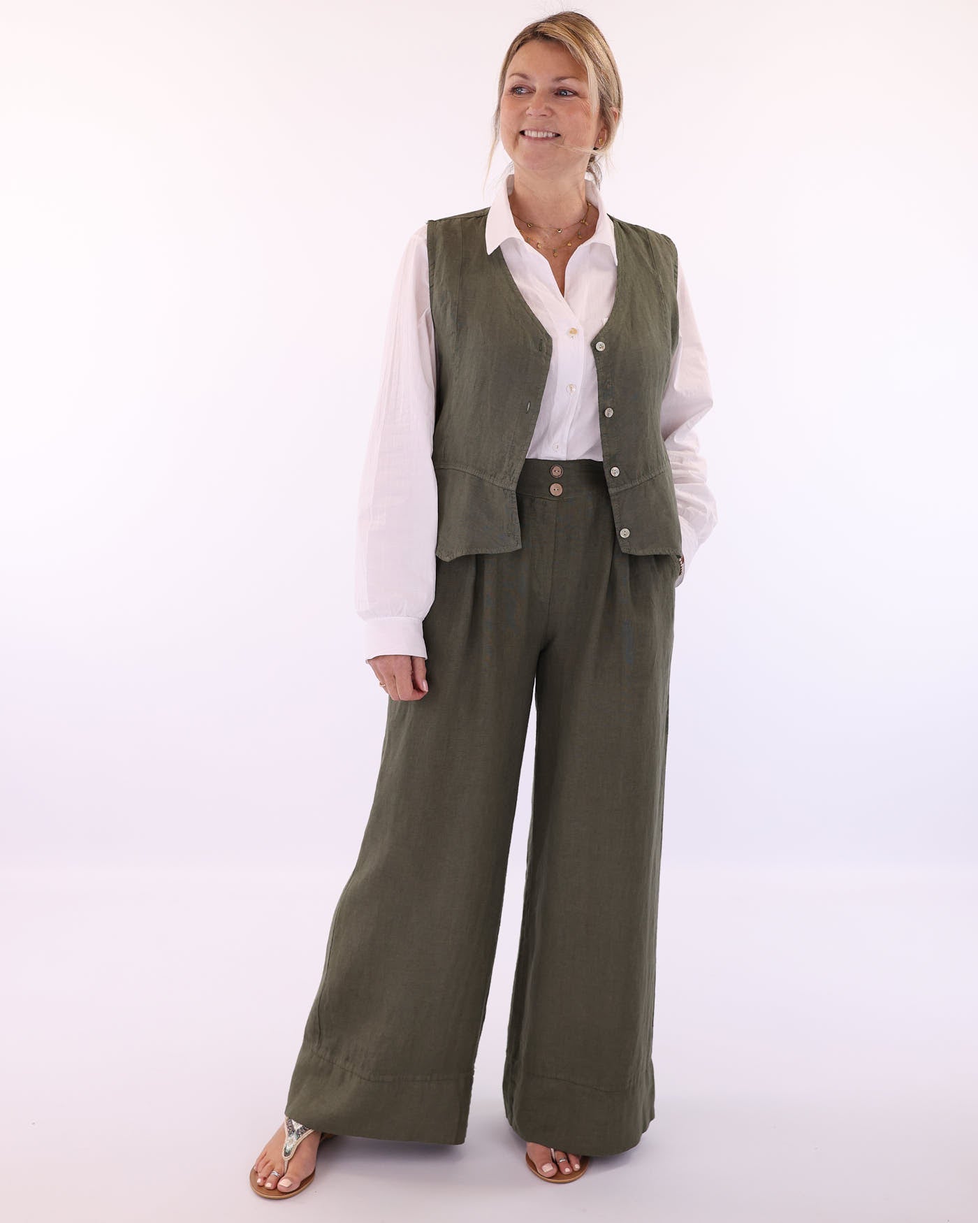 Women's Wide Leg Italian Linen Trousers in Olive Green with buttons at the waist and two front pockets