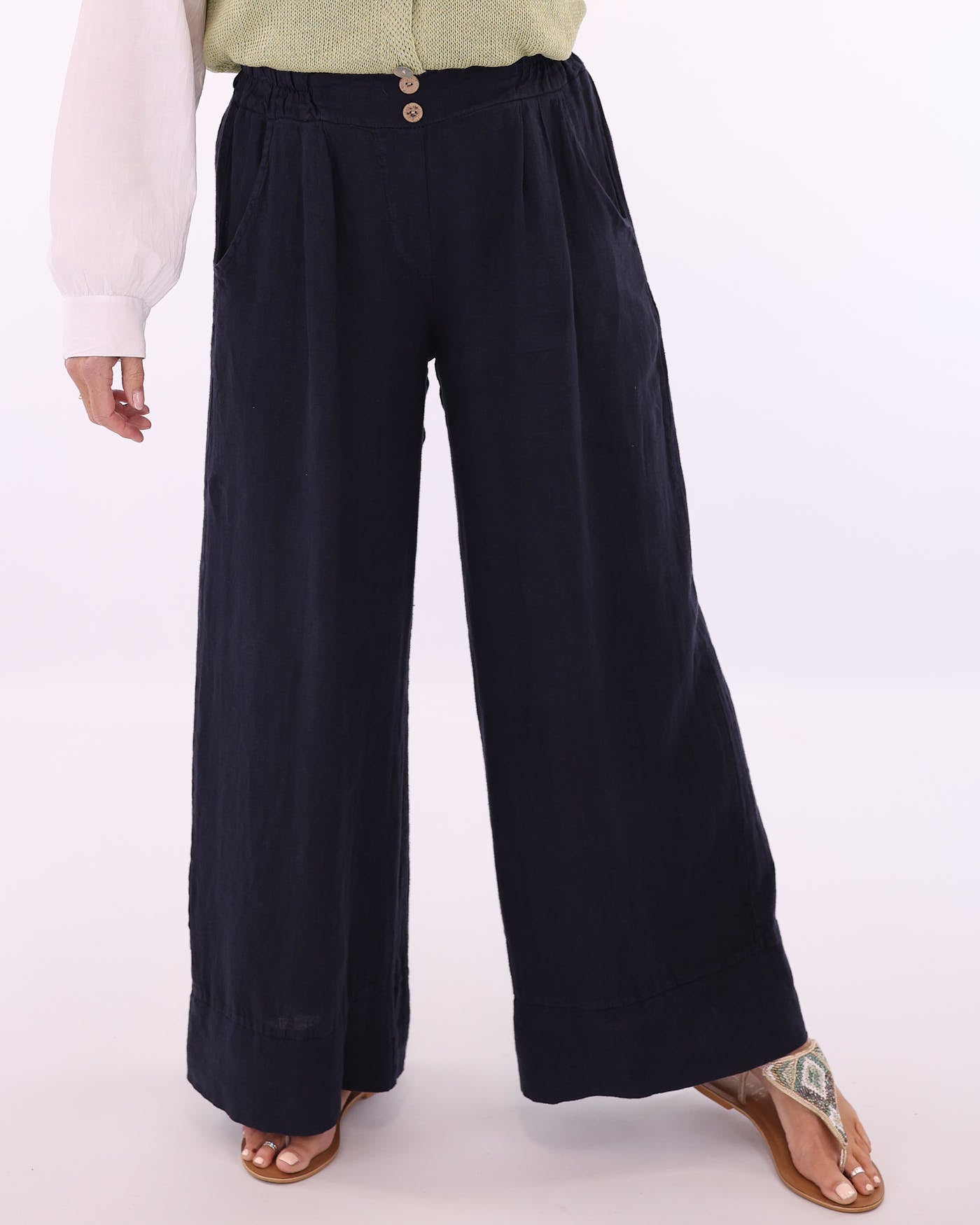 Women's Wide Leg Italian Linen Trousers in Navy Blue with buttons at the waist and two front pockets