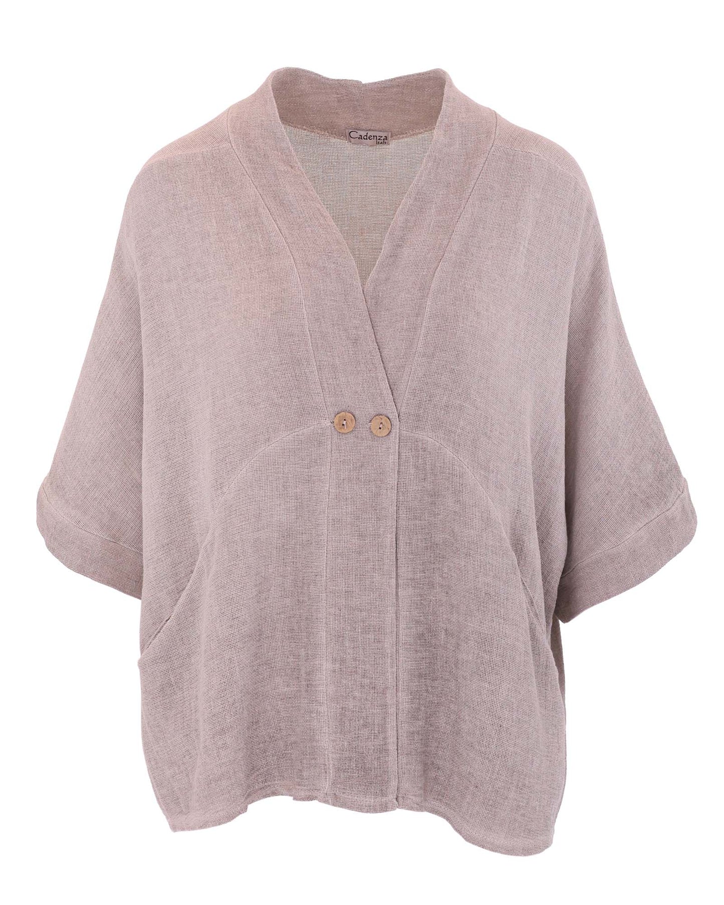 Women's Italian Kimono style linen and cotton blend jacket in taupe, with coconut buttons, elbow-length sleeves and front pockets