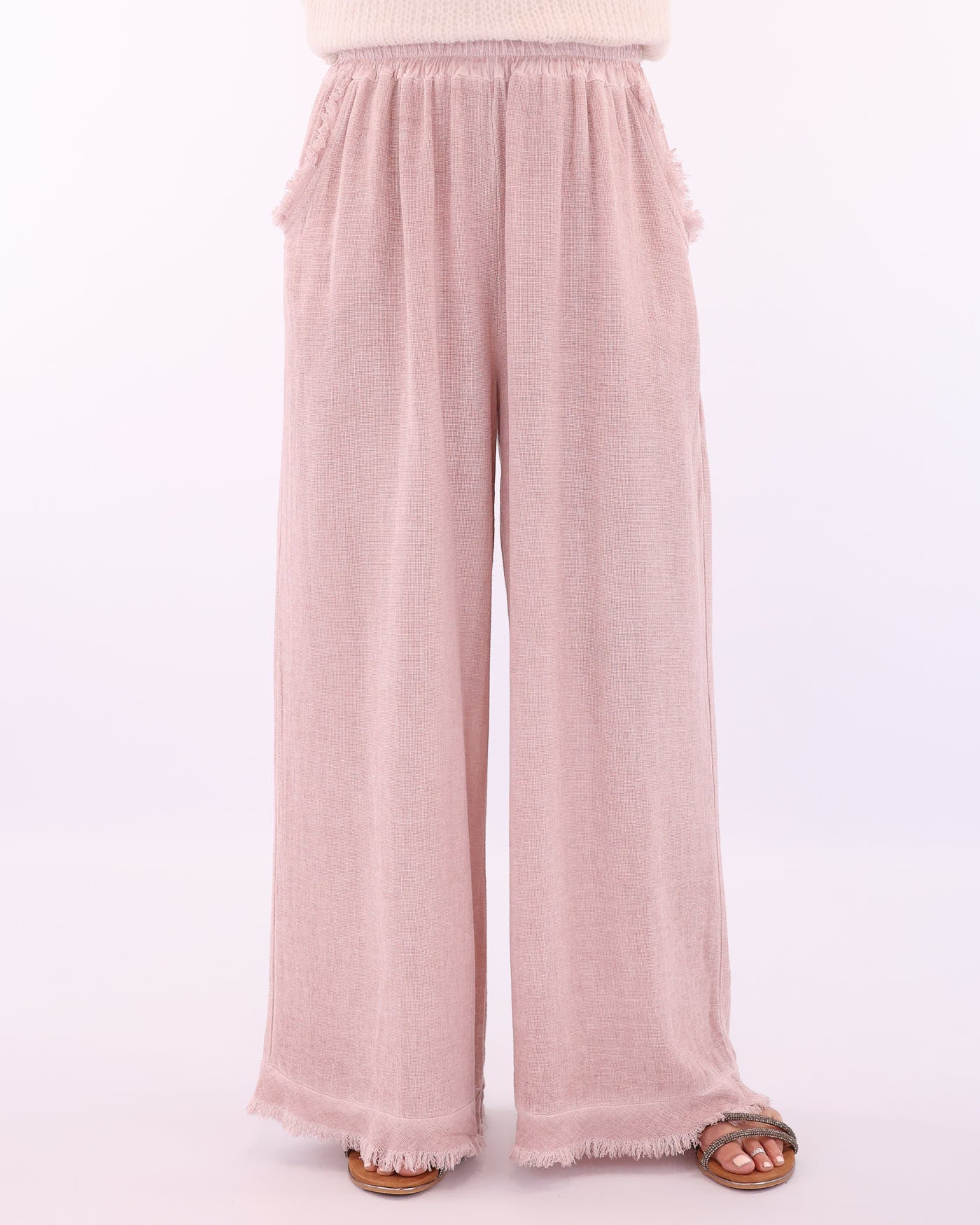 Women's Italian Linen Full Length Trousers with pockets and a frayed hem in pink, made in italy