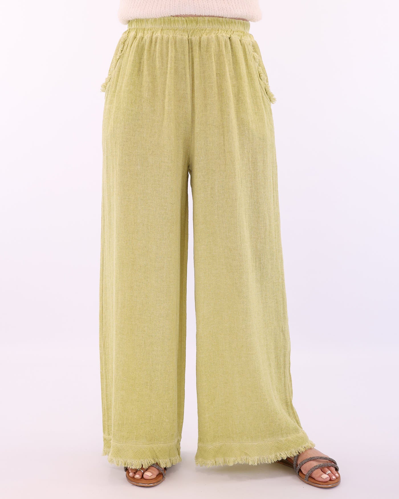 Women's Italian Linen Full Length Trousers with pockets and a frayed hem in lime green, made in italy