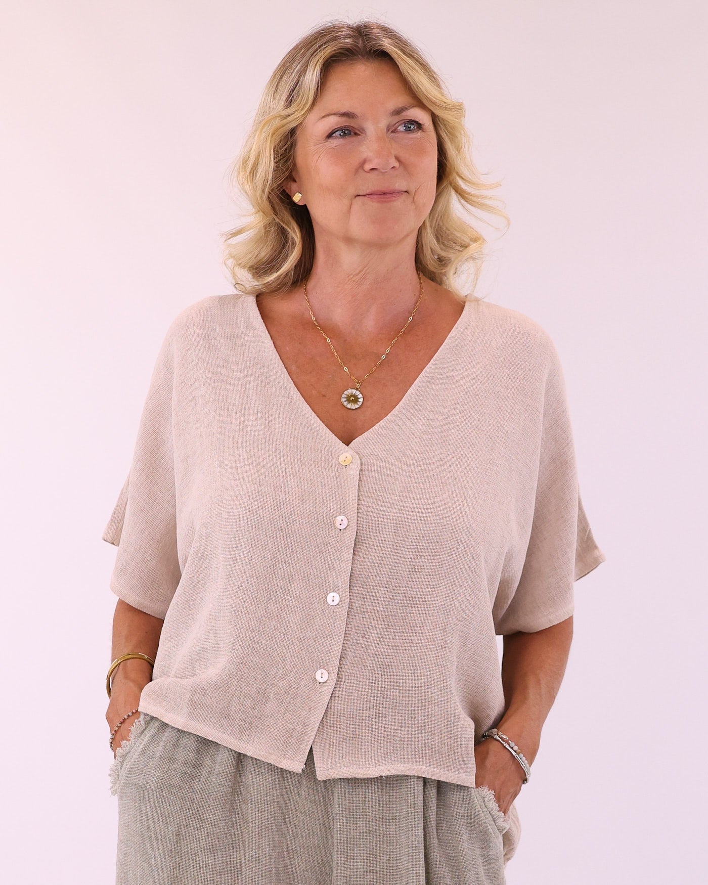 Linen and Cotton Blend Short Sleeve Cardi