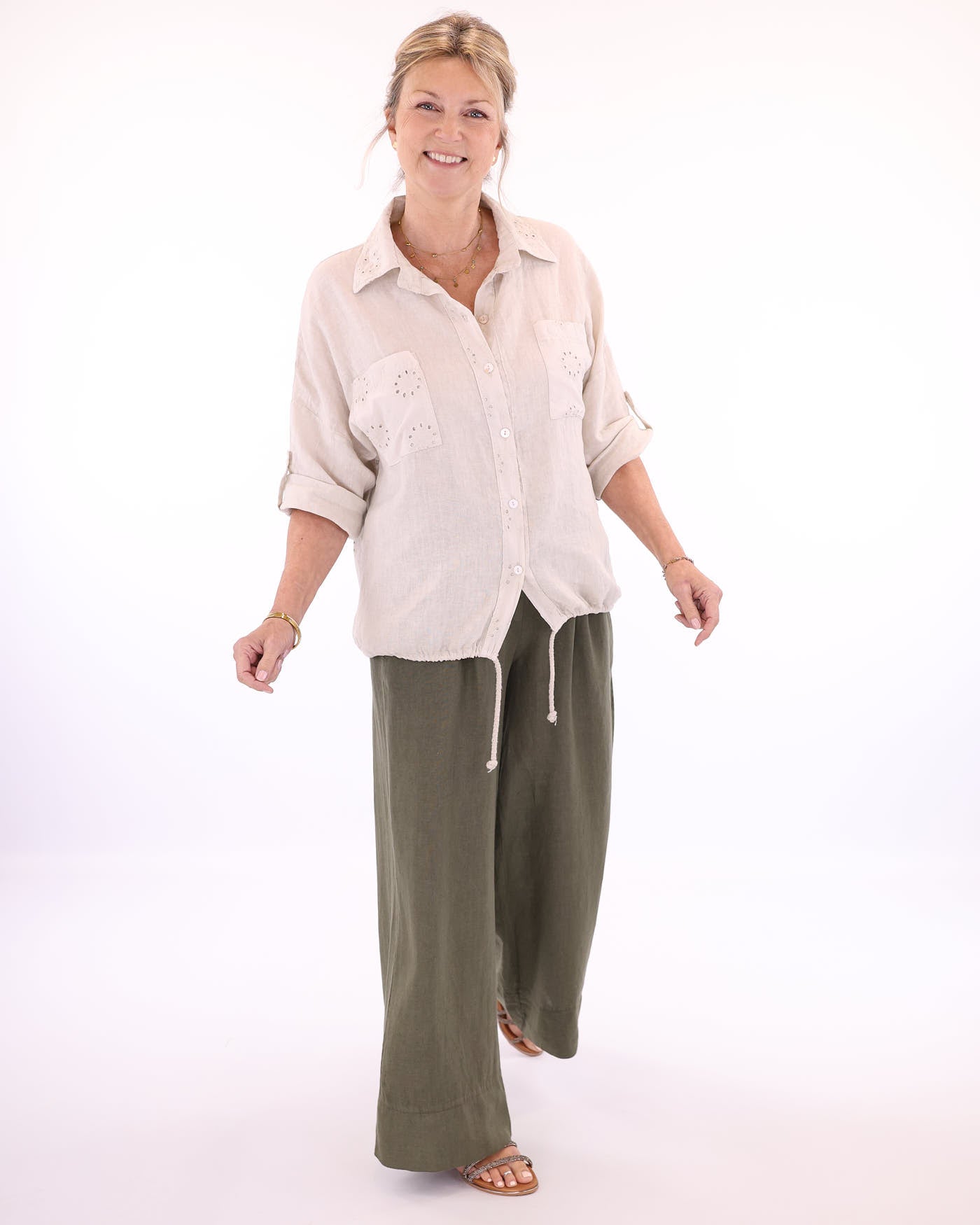 Women's button up shirt in cream, with classic collar, drawstring hem, front chest pockets, made in a combination of pure linen and broderie anglais cotton,  made in Italy
