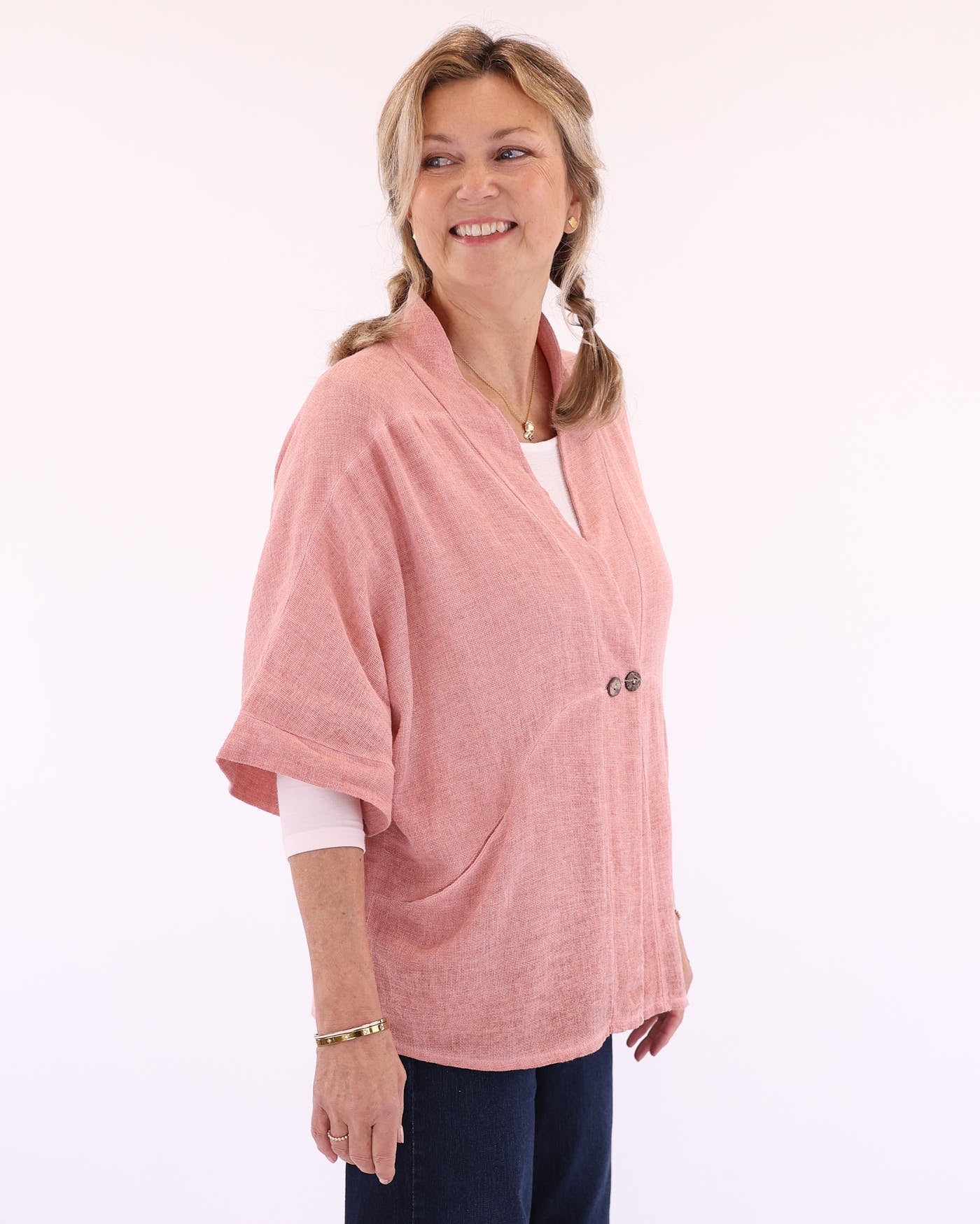 Women's Italian Kimono style linen and cotton blend jacket in pink, with coconut buttons, elbow-length sleeves and front pockets