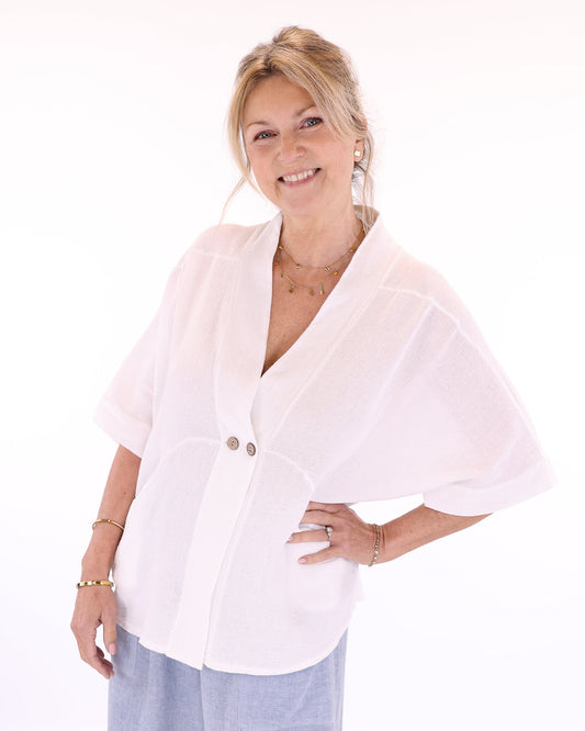 Women's Italian Kimono style linen and cotton blend jacket in white, with coconut buttons, elbow-length sleeves and front pockets