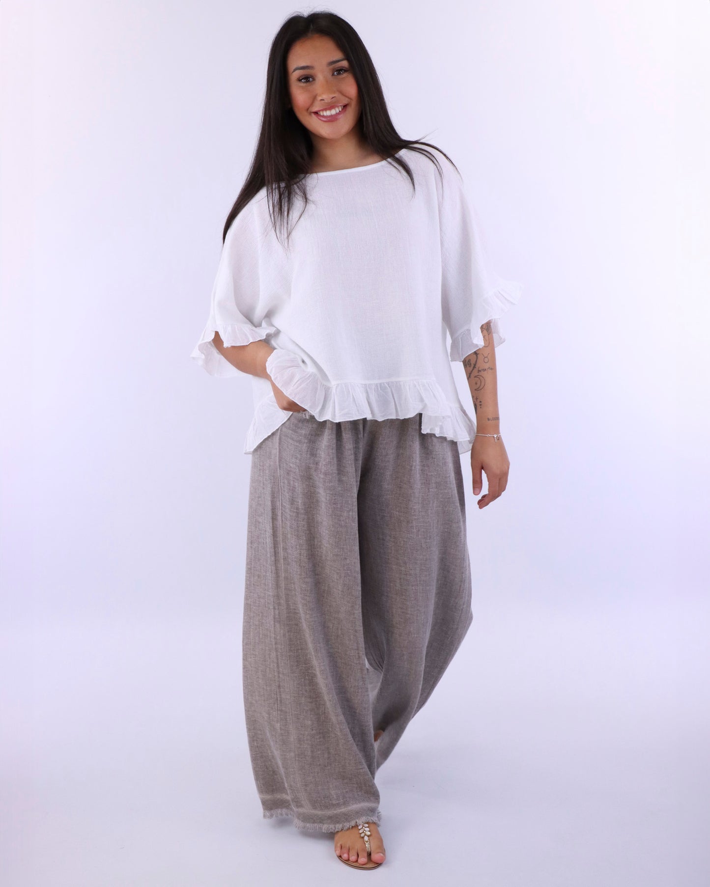 Linen and Cotton Blend Frill Top