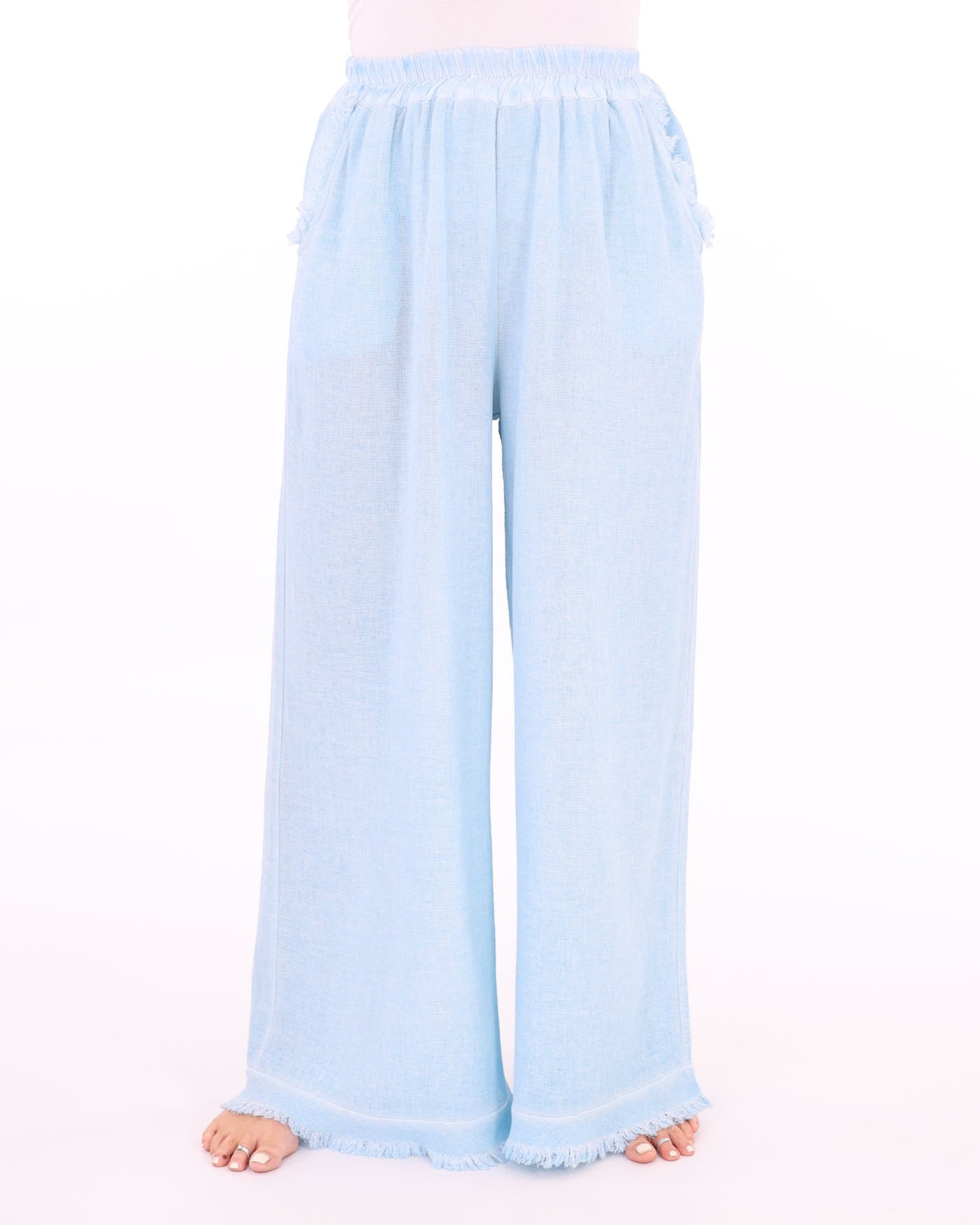 Women's Italian Linen Full Length Trousers with pockets and a frayed hem in blue, made in italy