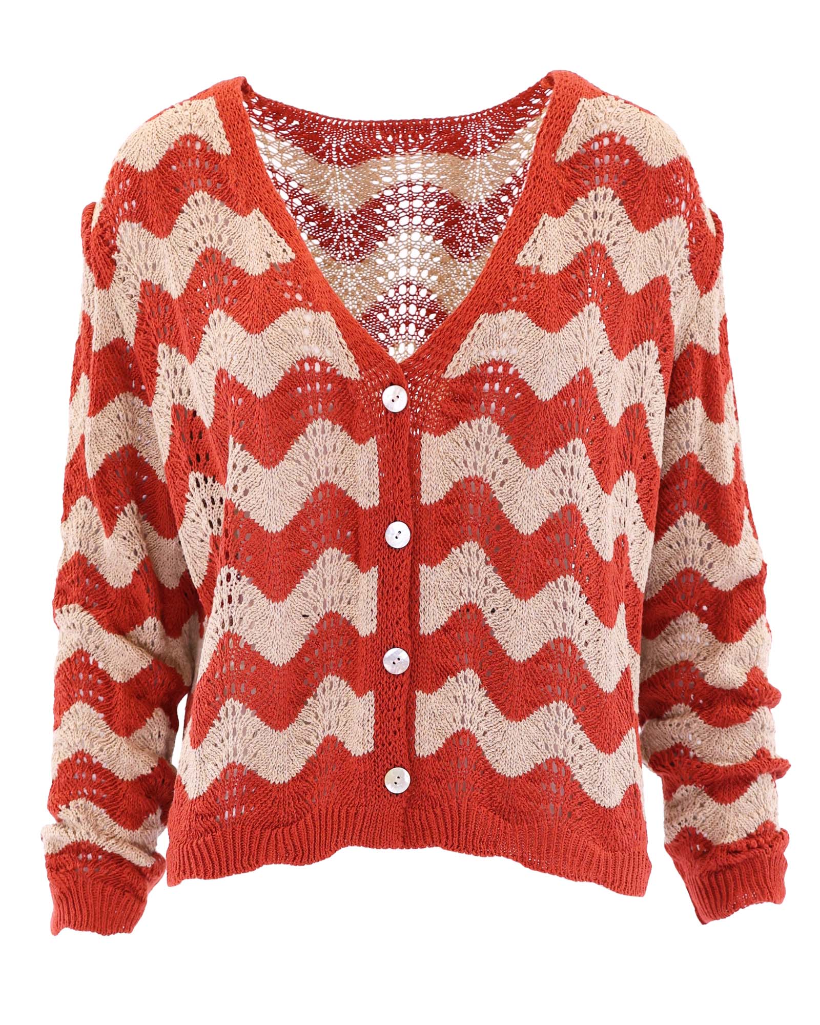 Women's Pointelle knitted Italian cardigan in orange and  beige with long sleeves, V neck and mother of pearl buttons, made in Italy