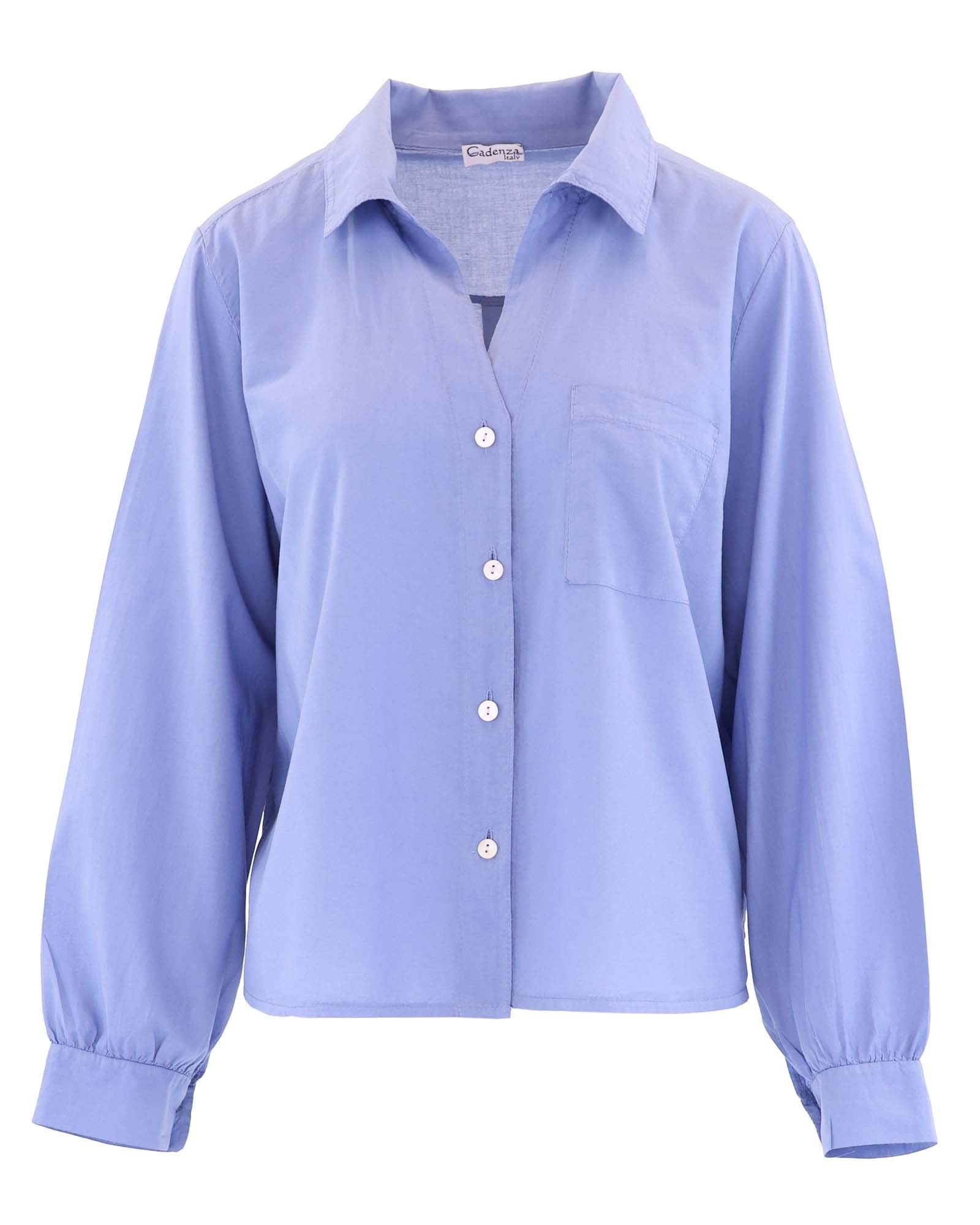 Women's Italian cotton shirt in blue, with long sleeves and button cuff, open collar and mother of pearl buttons down the front, made in Italy