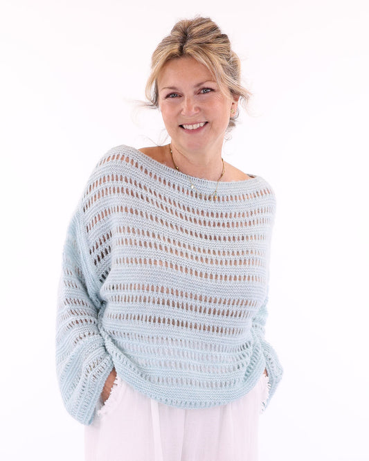 Women's alpaca blend light blue crochet style long sleeve jumper on a white background, made in Italy