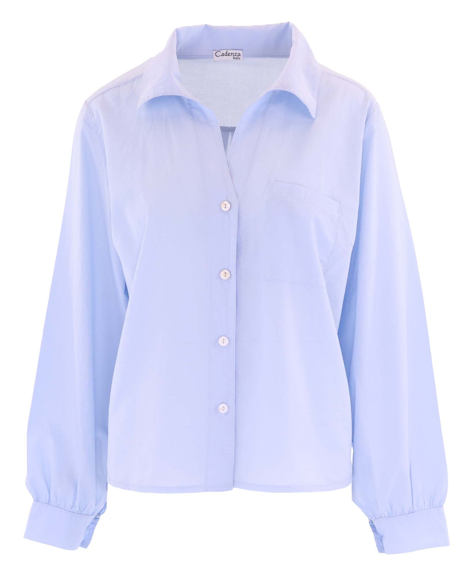 Women's Italian cotton shirt in blue, with long sleeves and button cuff, open collar and mother of pearl buttons down the front, made in Italy