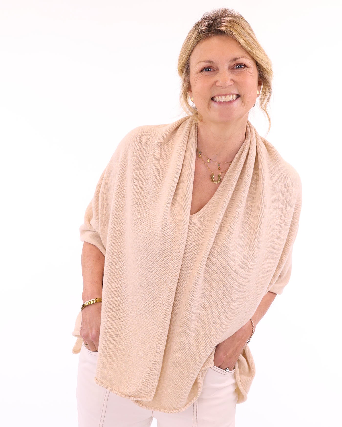 Women's cashmere blend poncho in cream beige, made in Italy
