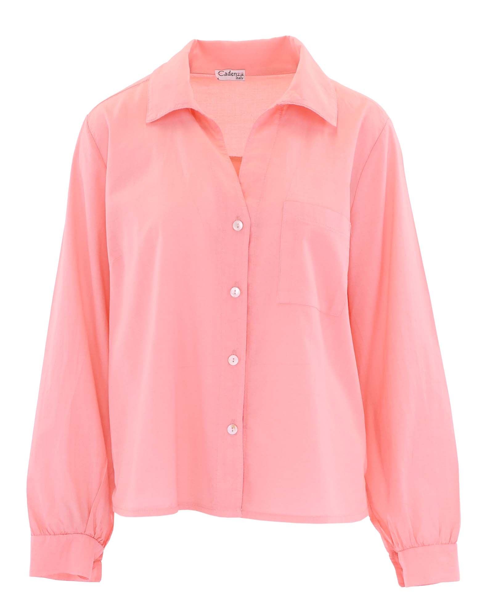 Women's Italian cotton shirt in peach with long sleeves and button cuff, open collar and mother of pearl buttons down the front, made in Italy