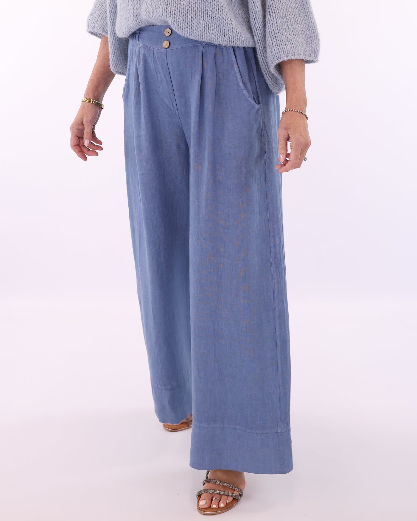 Linen Wide Leg Trousers with Hem Detail
