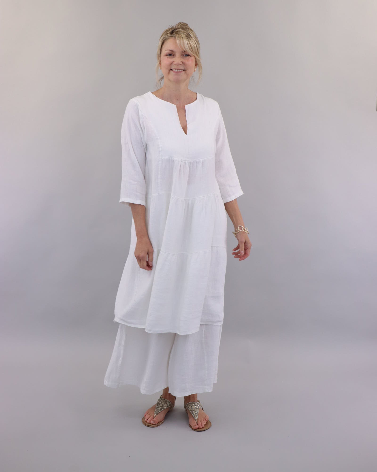 Tiered Linen Dress White